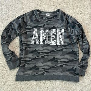 TEXAS TRUE M “Amen” black and gray camo lightweight sweatshirt with worn look